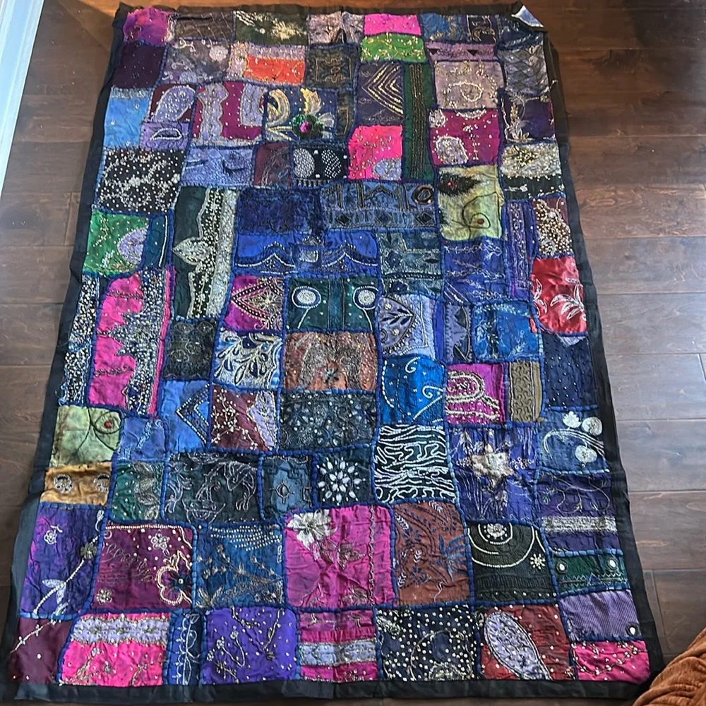 New Patchwork Embroidered Beaded Tapestry Wall Multicolor 58”x38.5”